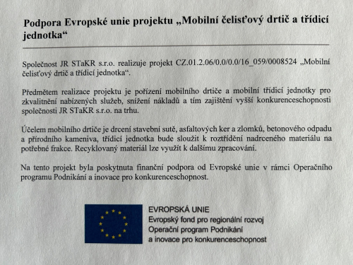 Podpora Evropské unie projektu. <br>„Mobilní čelisťový drtič a třídicí jednotka“
